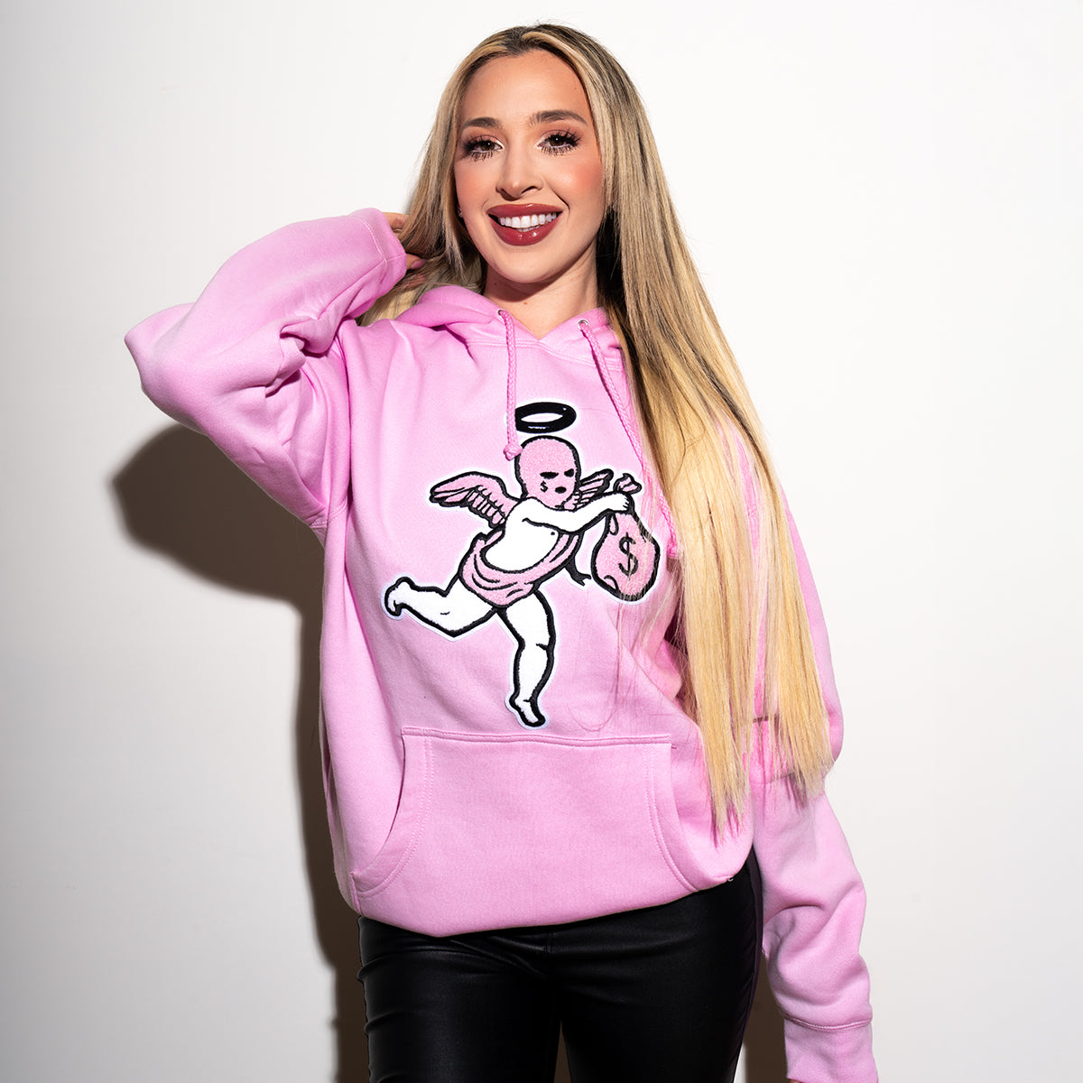 Pink Ski Mask Angel Chenille Patch Hoodie - HW