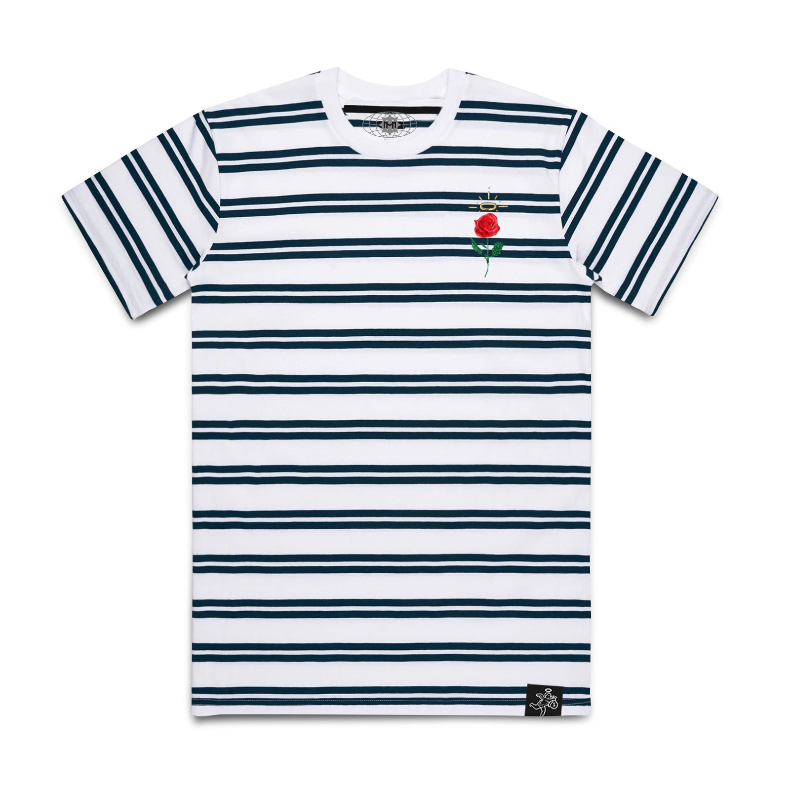 Embroidered Rose Stripe Tee White / Navy