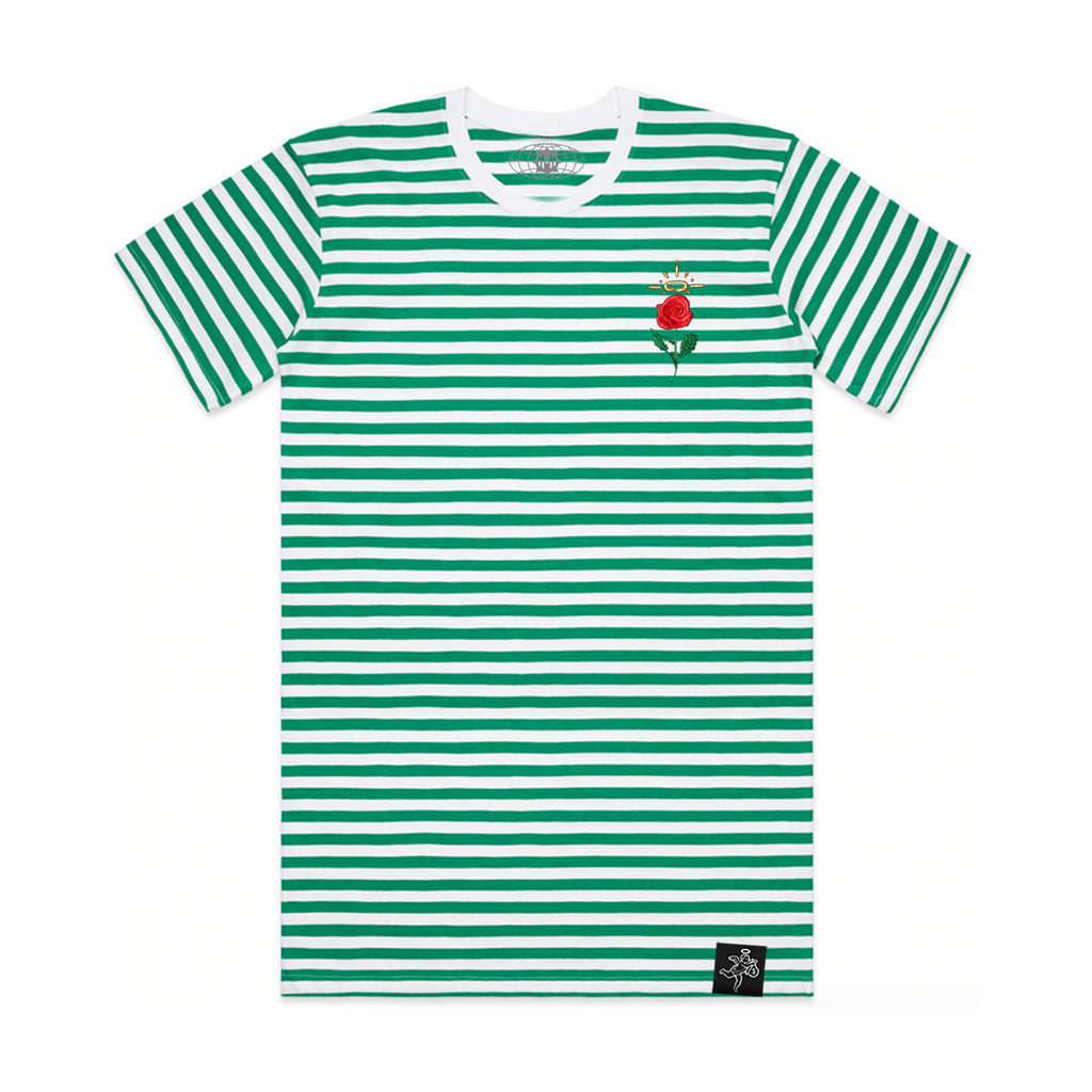 Embroidered Rose Stripe Tee Green / White
