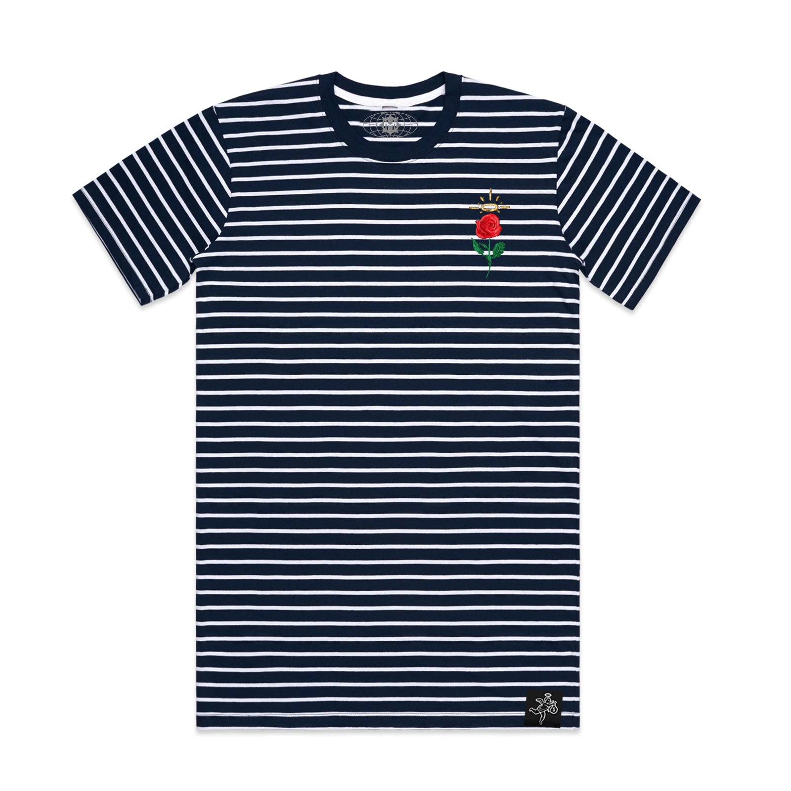 Embroidered Rose Stripe Tee Navy / White