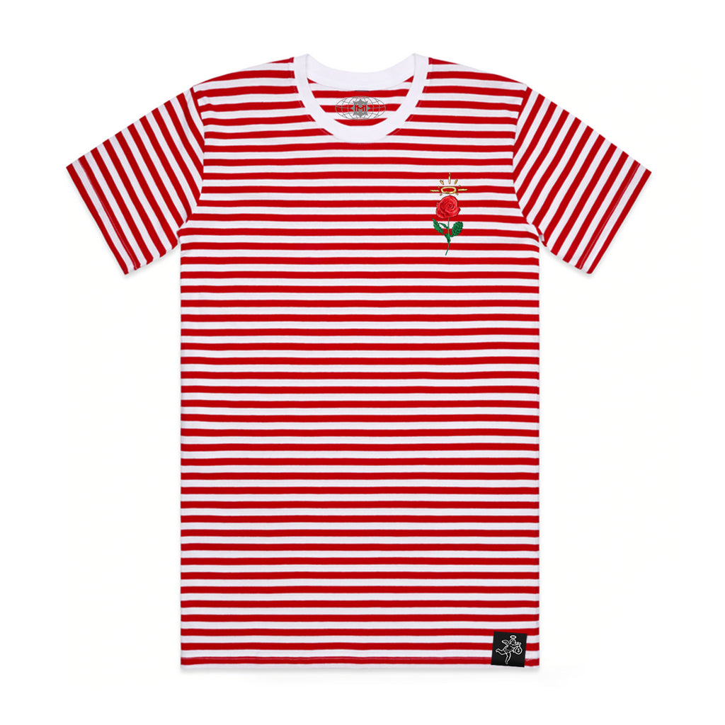 Embroidered Rose Stripe Tee Red / White